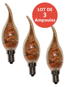 Lot de 3 Ampoules LED - Culot E14 - Flamme  filament spirale - Verre ambré - 3W - 2200K