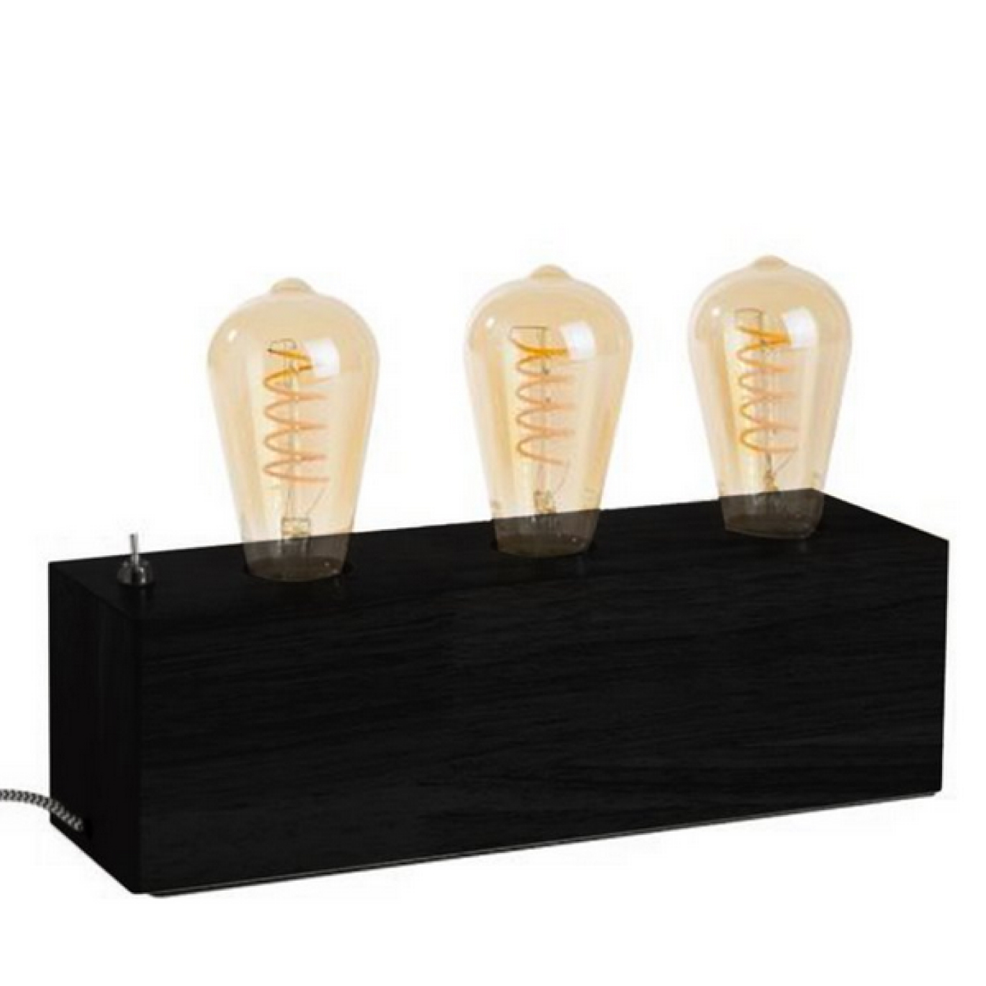 Lampe de chevet 3 ampoules E27 en bois noir avec câble design noir et blanc