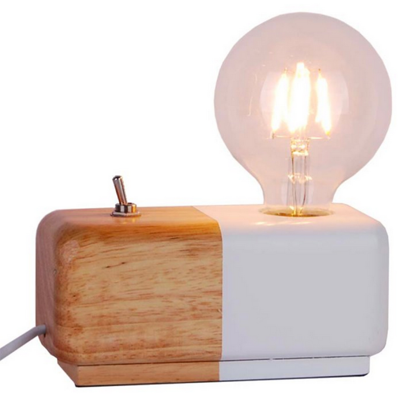 Lampe en bois naturel et blanc à poser interrupteur vintage