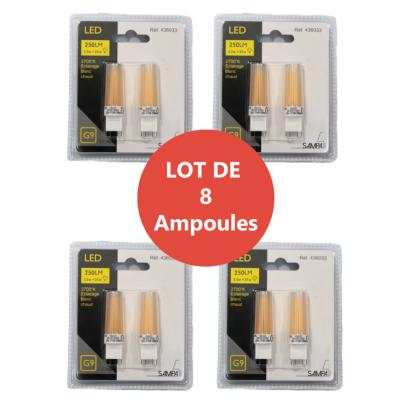 LOT DE 8 Ampoules LED culot G9 givrées - blanc chaud 2.5W - sous blister de 2 pièces